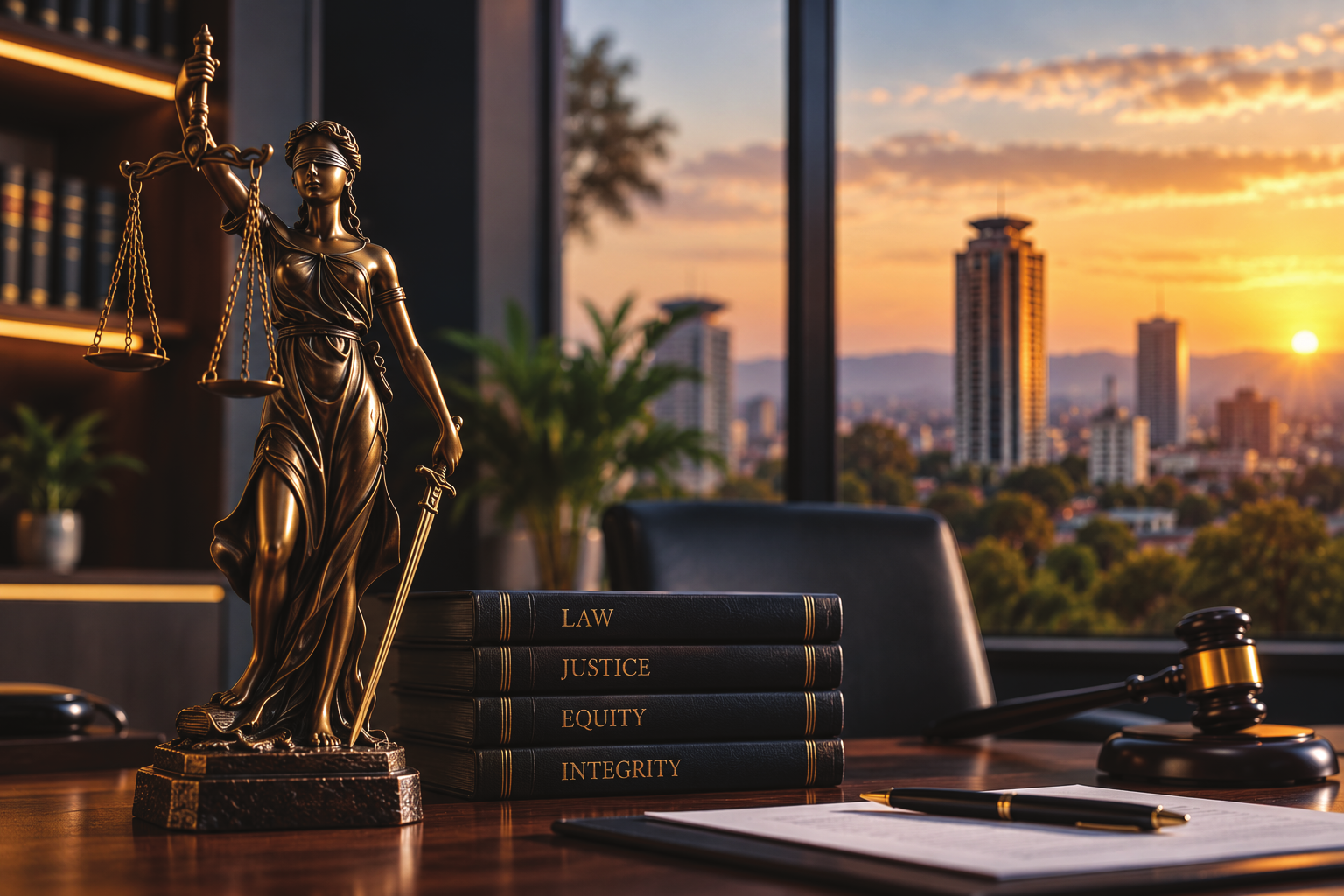 Lady Justice and legal books in a professional office